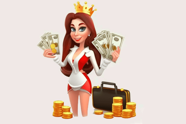 Koningin met geld en koffer